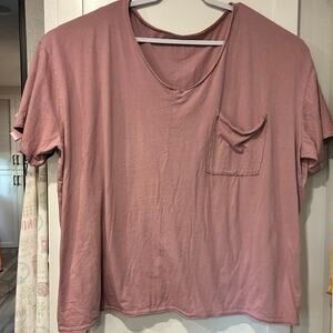 T-Shirt Pink Cotton Casual Lagenlook Grunge Boho Pocket Curled Seams Relaxed Fit